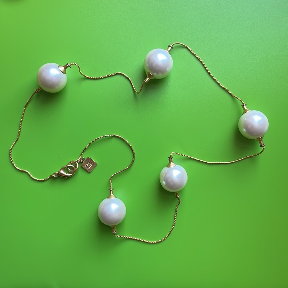 [Anne Klein] Vintage Gold Tone and Large Faux-Pearl Station Necklace